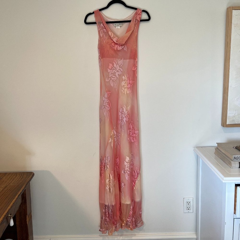Vintage Mannequines USA Small Silk Floral Maxi Dress Gown with Cowl Neck